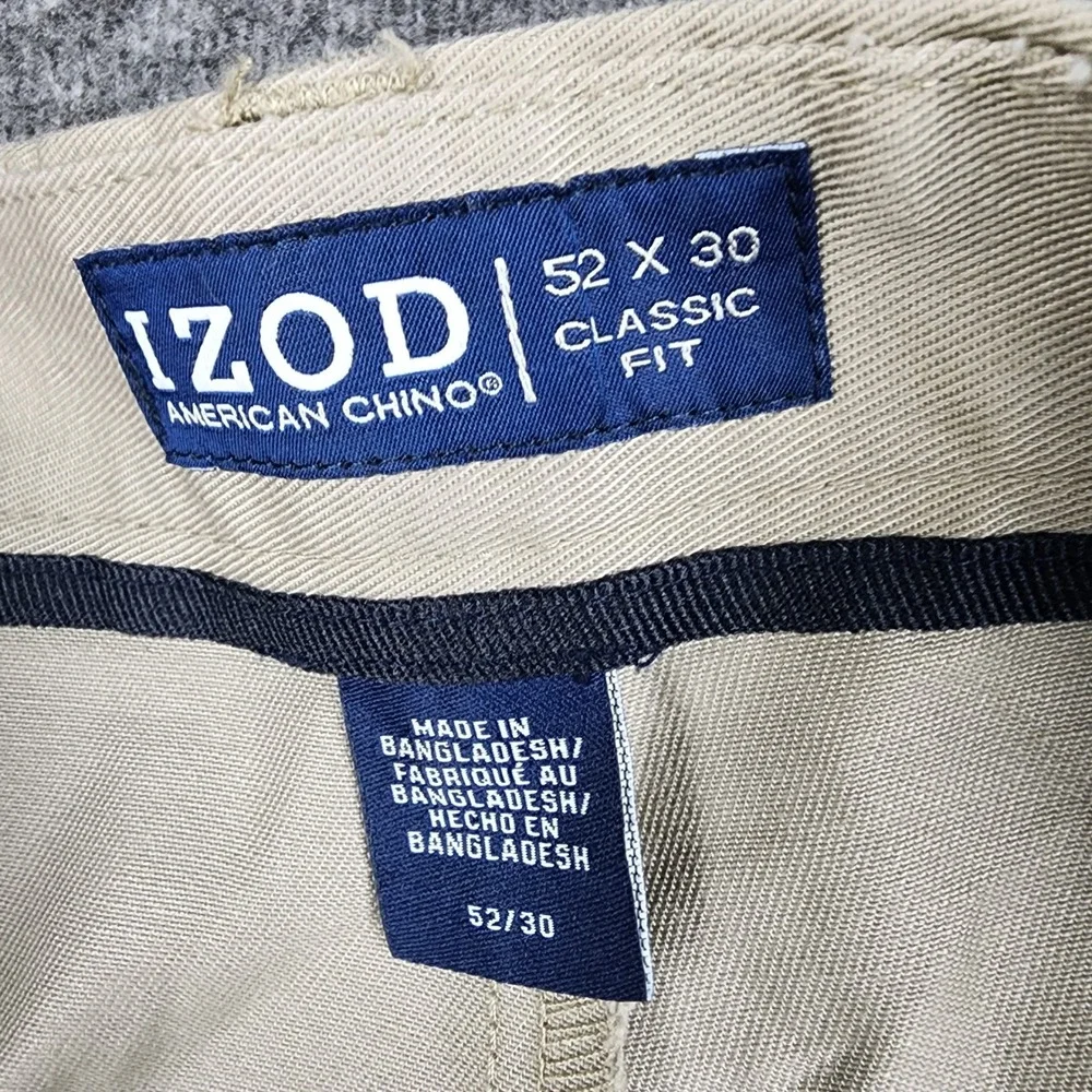 IZOD American Chino Pants Mens 52x30 Khaki Tan Classic Fit Cotton Twill Trousers